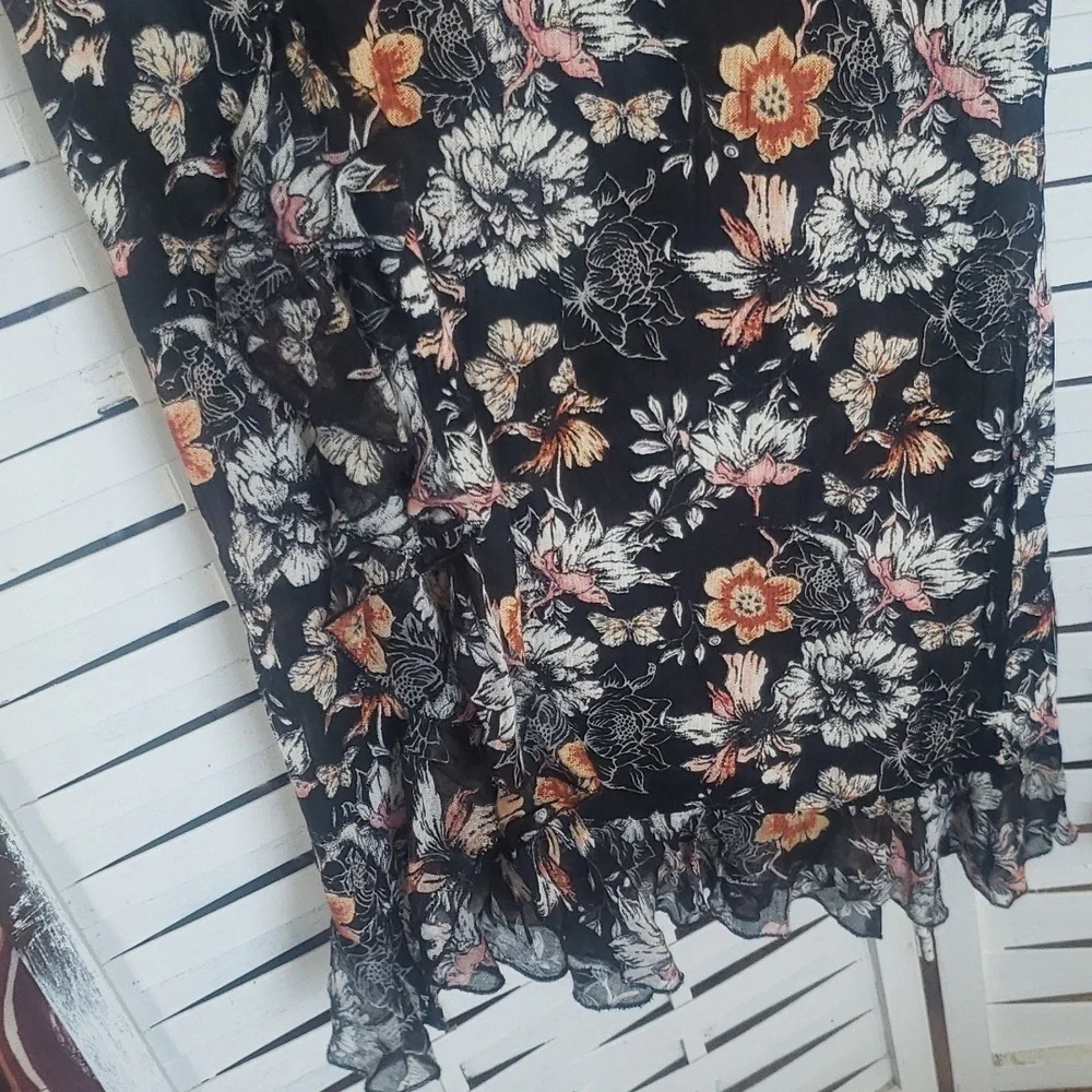 Free People floral wide slit ruffle leg pull up elastic waist women's pants S
